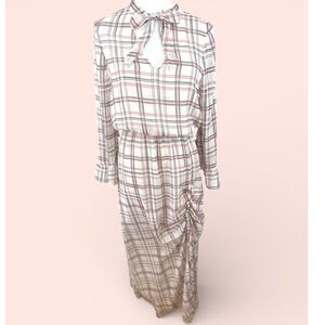 SOALLURE NWT SZ Med Plaid Maxi Dress Metallic Pinstripe neck tie, Ruched Ruffle